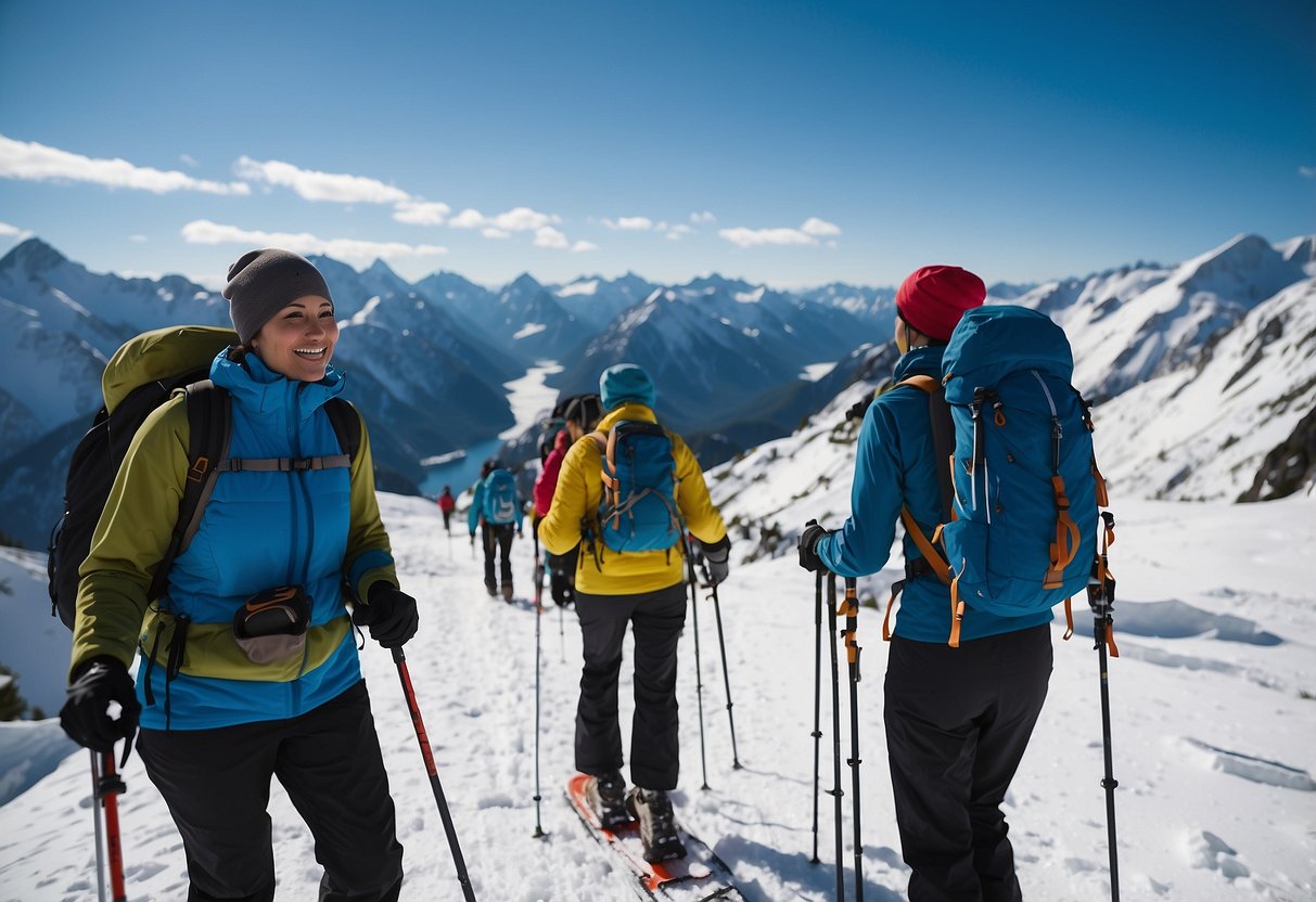 Snowshoers in a snowy mountain setting, surrounded by tall peaks and crisp blue skies. Water bottles and hydration packs are visible, along with snowshoes and trekking poles