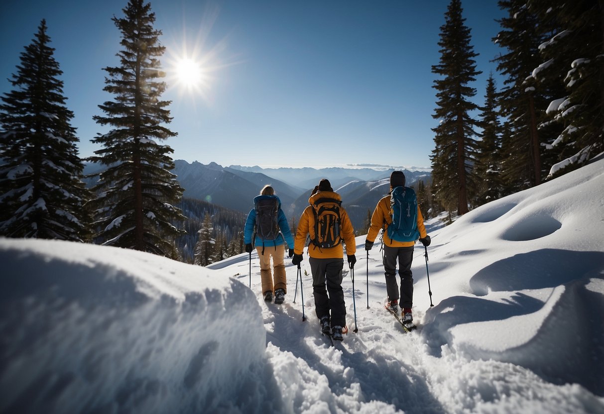 Snowshoers ascend a snowy mountain trail, surrounded by pine trees and a clear blue sky. Some hikers appear fatigued, while others stop to rest and acclimate to the high altitude