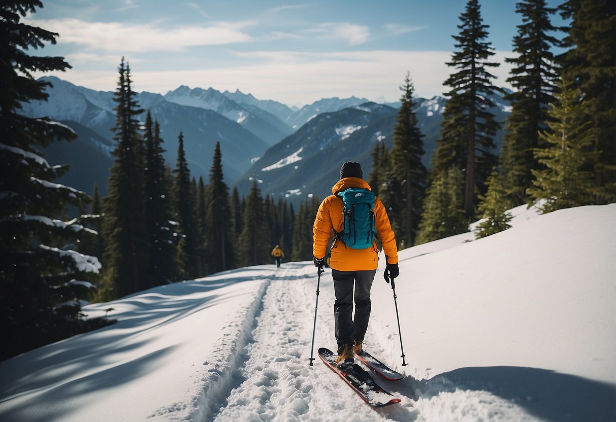 A snowy mountain trail with a person snowshoeing uphill. They are surrounded by pine trees and snow-covered peaks. The person is eating a high-carb meal to combat altitude sickness