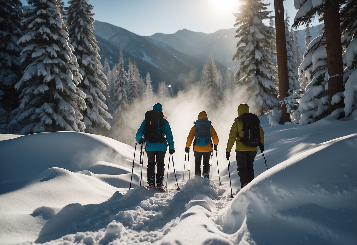 Snowshoers in layered clothing ascend snowy mountain, surrounded by tall trees and distant peaks. Snowshoes leave tracks in fresh powder