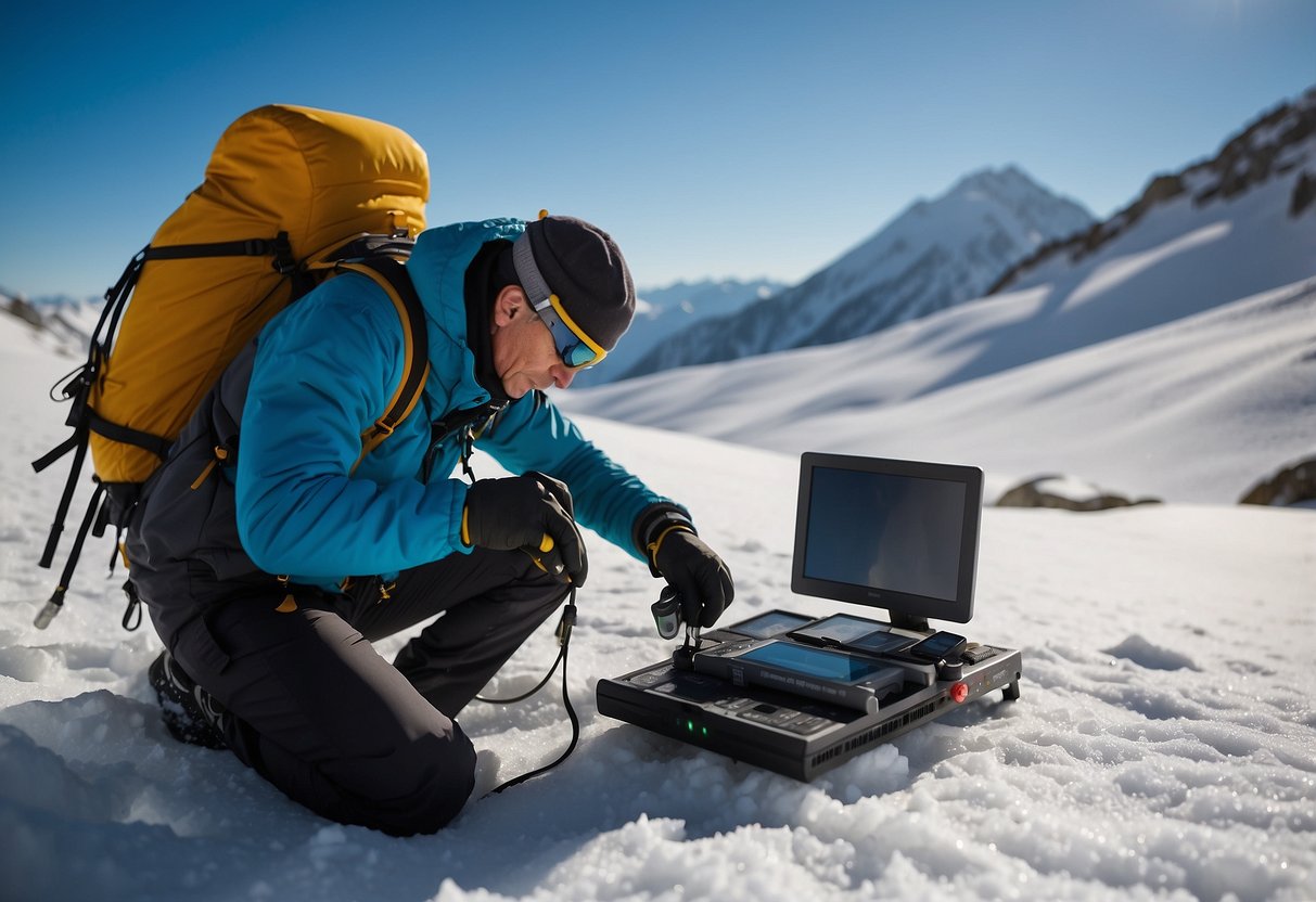 A snowshoer checks oxygen levels with a monitor while trekking in high altitude. Tips for dealing with altitude sickness are displayed nearby