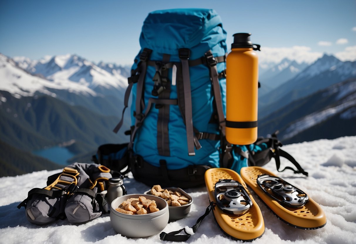 Snowshoes, poles, and backpack laid out. Water bottle, snacks, and altitude sickness medication packed. Map and compass ready. Snow-covered mountains in the background