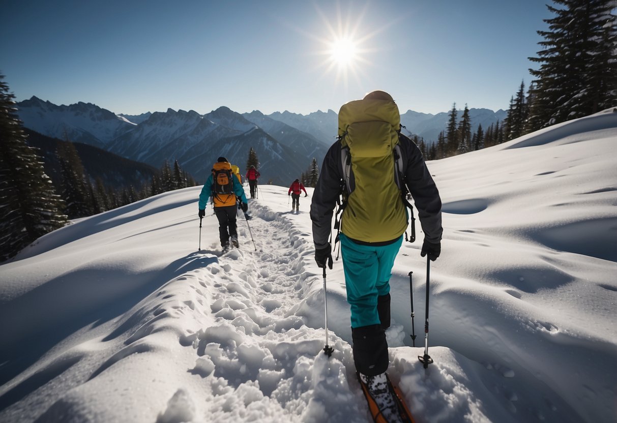 Snowshoers ascend a snowy mountain trail. One hiker holds their head, feeling dizzy. Others offer water and rest