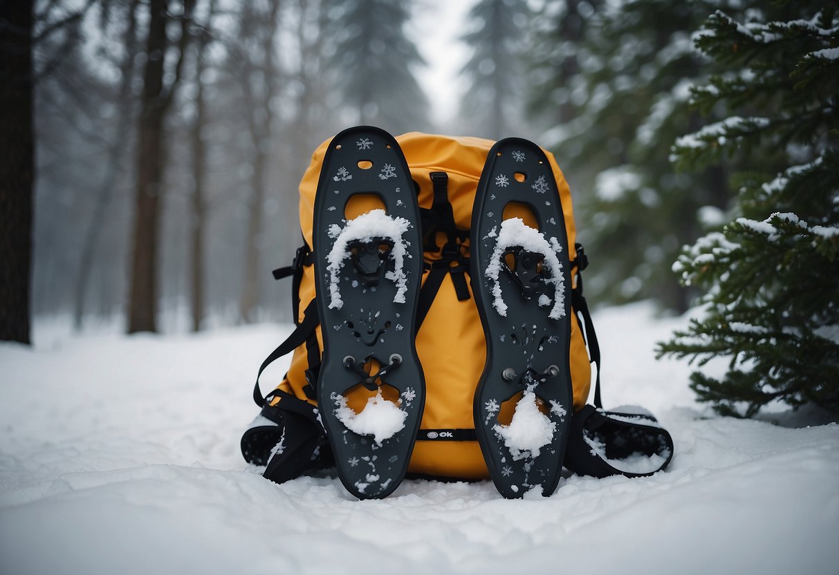 Snowshoes on a snowy trail, with lightweight rain gear hanging from a backpack. Snow-covered trees in the background