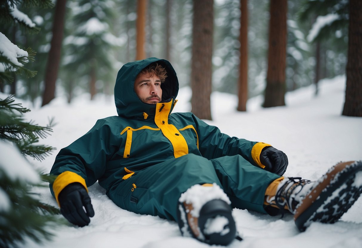 A man's rain suit lays on a snowy trail, surrounded by snowshoes and pine trees