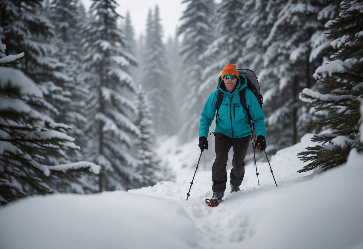 A snowshoer wearing a Mountain Hardwear Stretch Ozonic Jacket treks through a snowy mountain landscape, surrounded by pine trees and a light snowfall