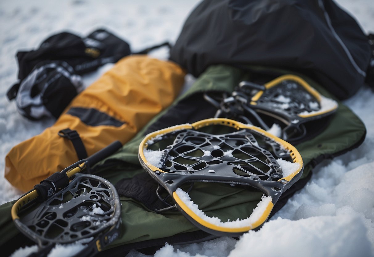 Snowshoes laid out on a snowy trail, surrounded by lightweight waterproof jackets, pants, and gaiters. A small pack with maintenance tools sits nearby