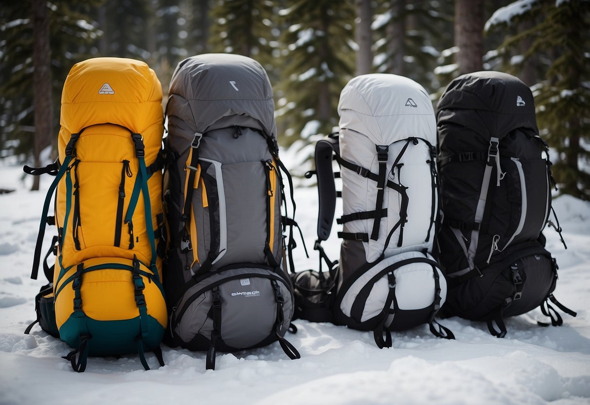 Snowshoeing packs lined up against a snowy backdrop, with various sizes and colors, showcasing their lightweight design and functionality