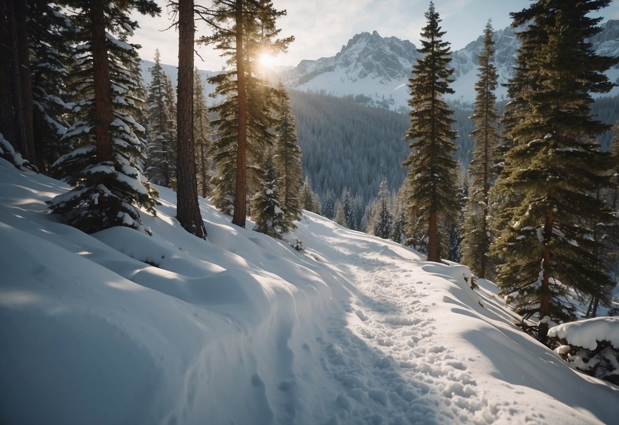 A snow-covered mountain trail with a lone Osprey Levity 45 pack, surrounded by tall pine trees and fresh powder