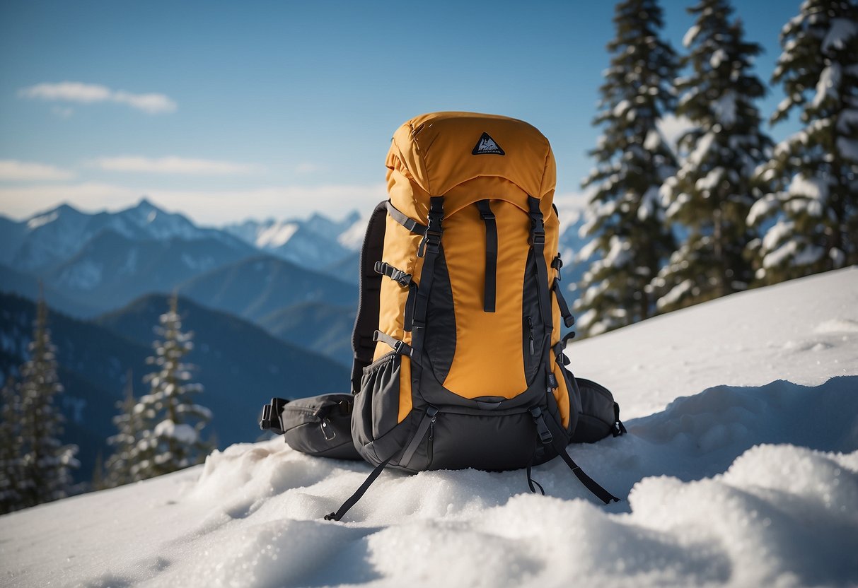 A snowy mountain landscape with a lone backpack, the Hyperlite Mountain Gear Junction 2400, against a backdrop of snow-covered trees and a clear blue sky