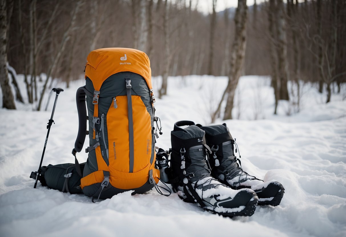 A snow-covered mountain trail with a Deuter Speed Lite 22 pack resting against a tree, surrounded by snowshoes and trekking poles