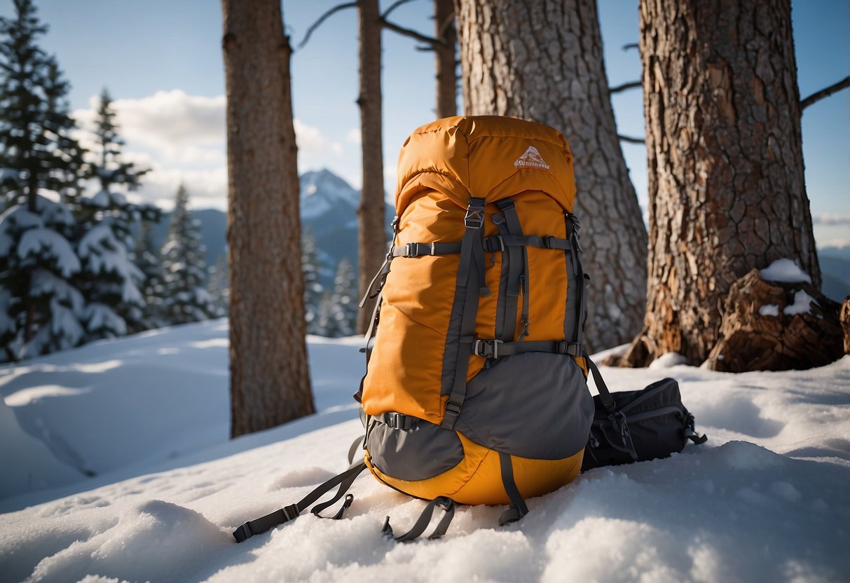 A snowy mountain landscape with a hiker's backpack, the Granite Gear Crown 2 10, resting against a tree. Snowshoes are nearby, and the scene conveys a sense of adventure and outdoor exploration