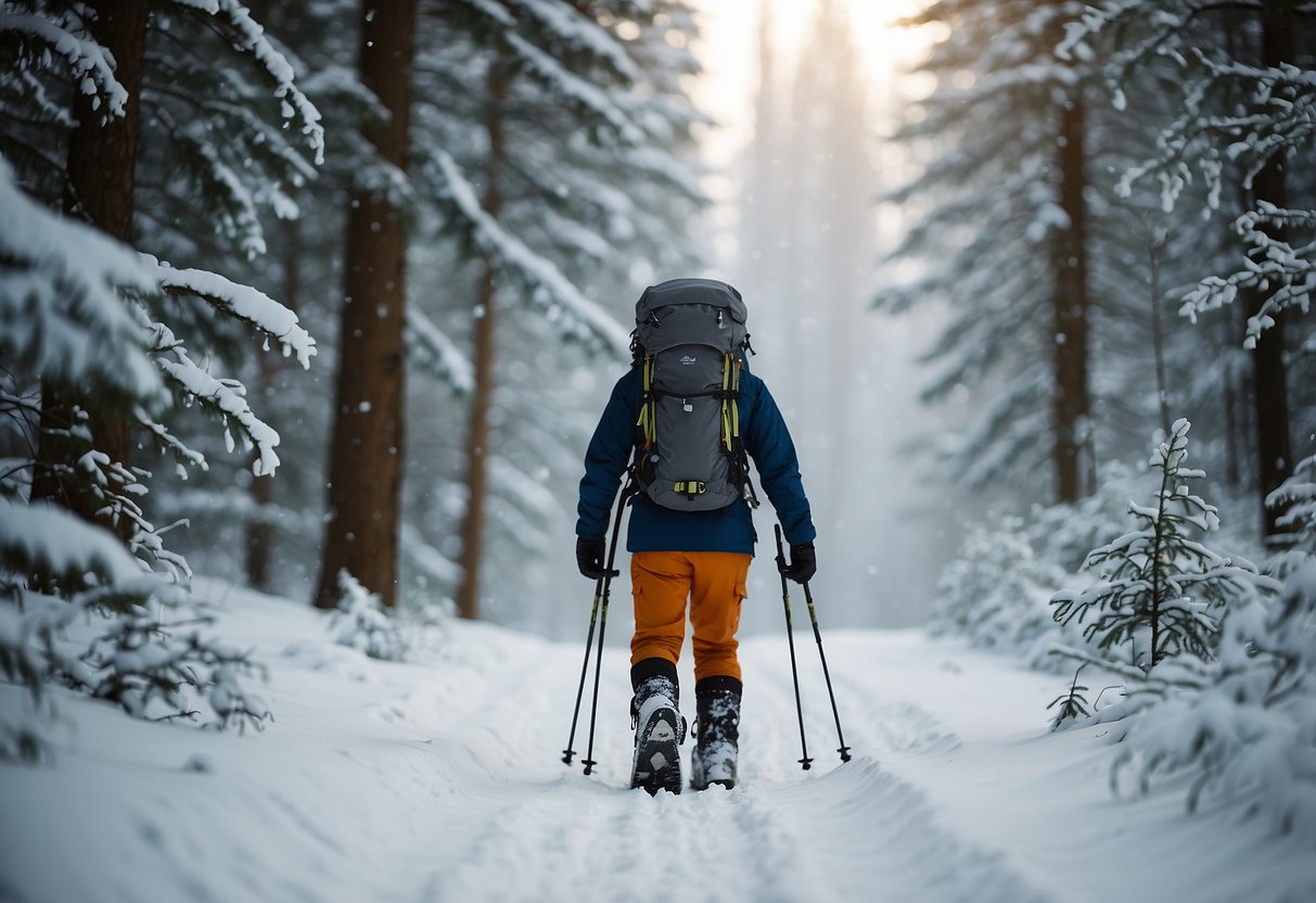 A snowy forest trail with ULA Ohm 2.0 packs, surrounded by lightweight snowshoes and winter gear