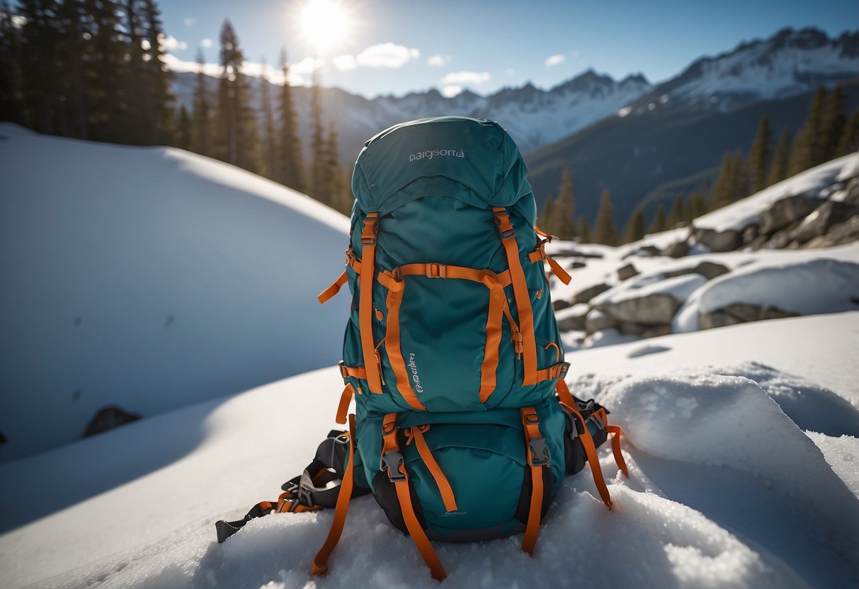 A lone Patagonia Ascensionist 35L pack stands against a snowy backdrop, surrounded by snowshoes and other outdoor gear