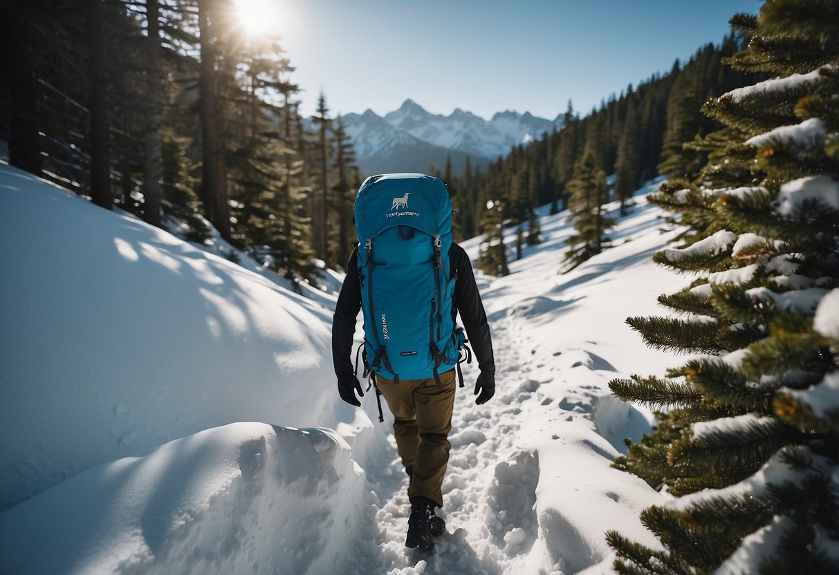 A snow-covered mountain trail with the Arc'teryx Alpha FL 30 backpack, surrounded by pine trees and a clear blue sky