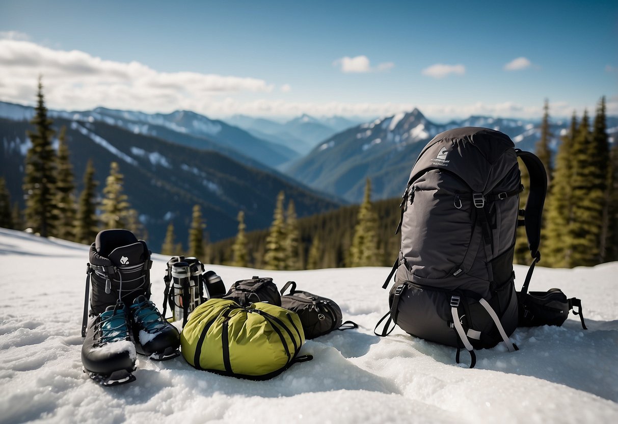 A snowy mountain landscape with a Black Diamond Speed 30 pack, surrounded by lightweight snowshoeing gear