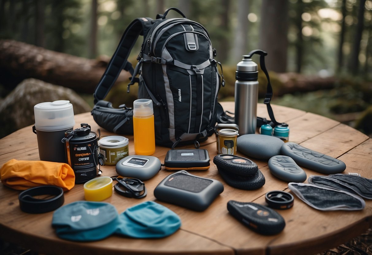 A table with 10 lightweight snowshoeing packs, surrounded by care and maintenance items like brushes, waterproofing spray, and repair kits