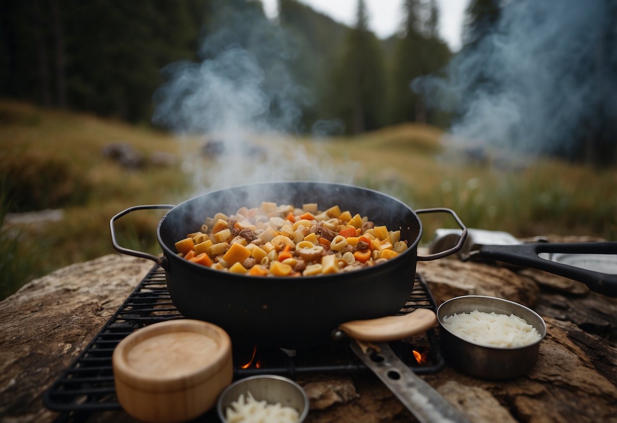 A campfire crackles as a pot of stew simmers. A hiker uses a portable stove to cook pasta. Ingredients and cooking utensils are neatly organized on a nearby table