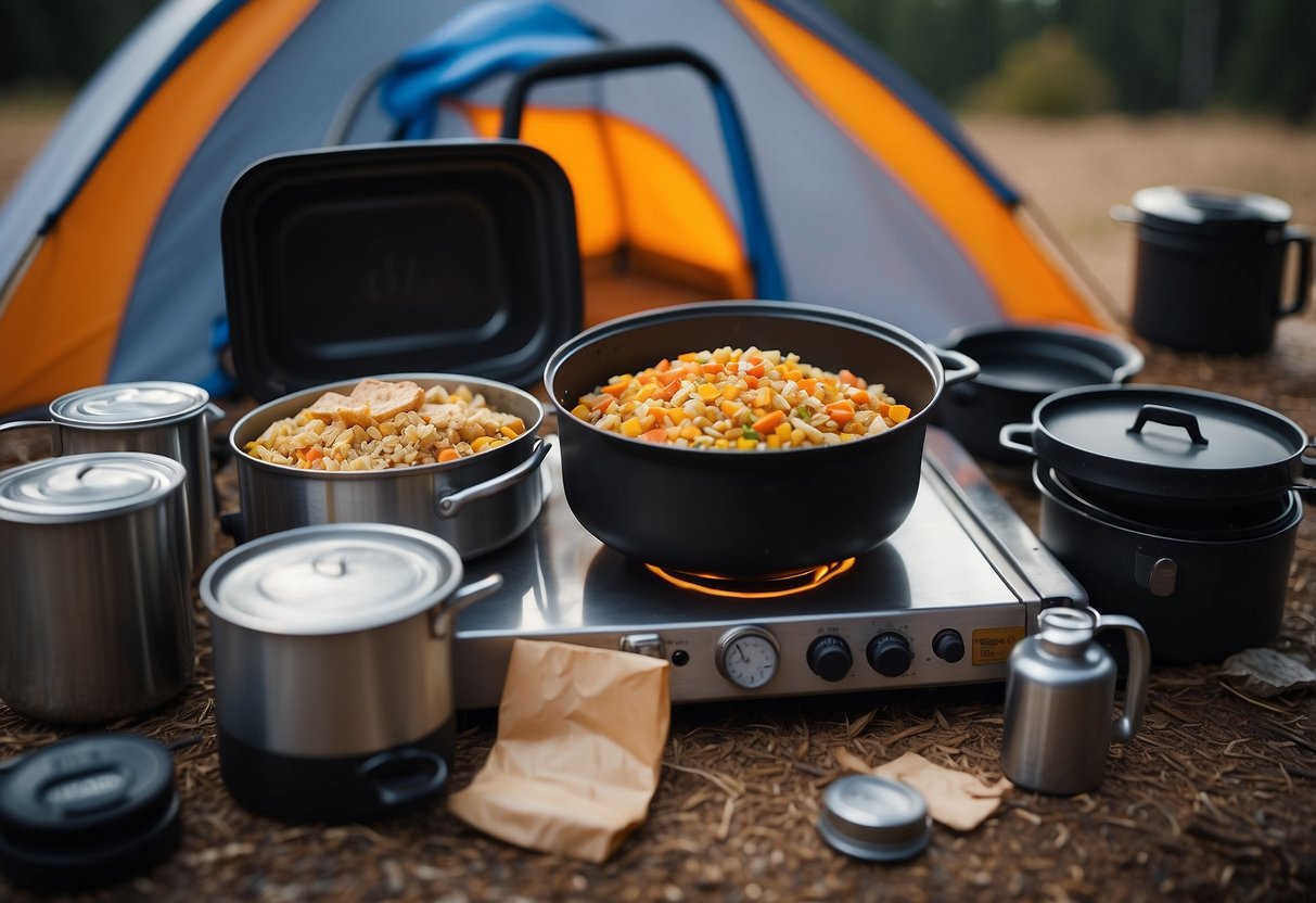 A campsite with a portable stove and a pot of boiling water surrounded by packets of freeze-dried ingredients, a backpack, and a map