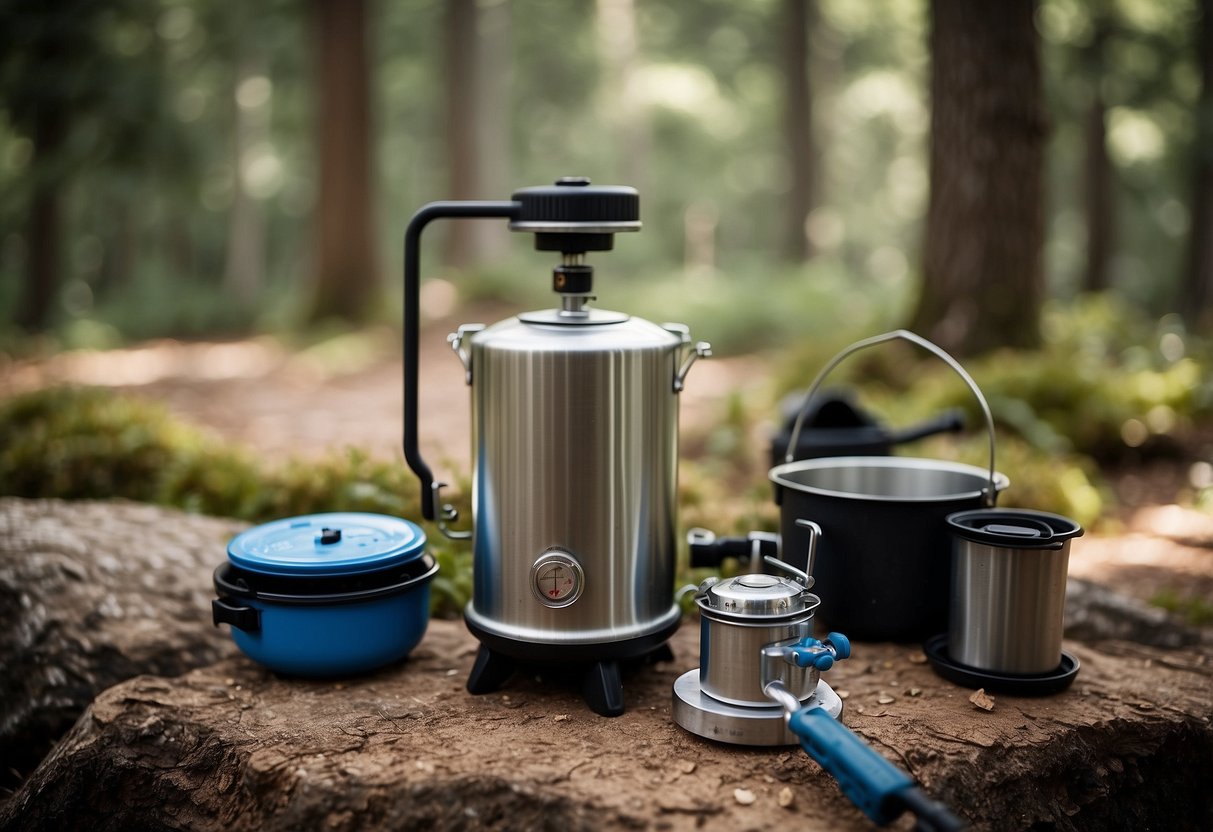 A campsite with a water filtration system next to a cooking setup on a trail. Outdoor cooking utensils, a camp stove, and a well-organized campsite