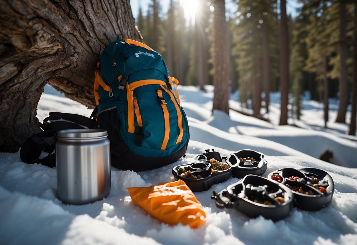 Snowshoes leaned against a snow-covered tree. A backpack open, revealing sealed bags of dehydrated food, a compact stove, and a thermos. A bear-proof canister sits nearby, filled with non-perishable snacks