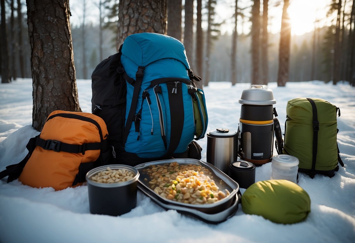 Food packed in vacuum-sealed bags, nestled in a snow-covered backpack alongside insulated containers and a portable stove. Snowshoes and trekking poles lean against a tree nearby