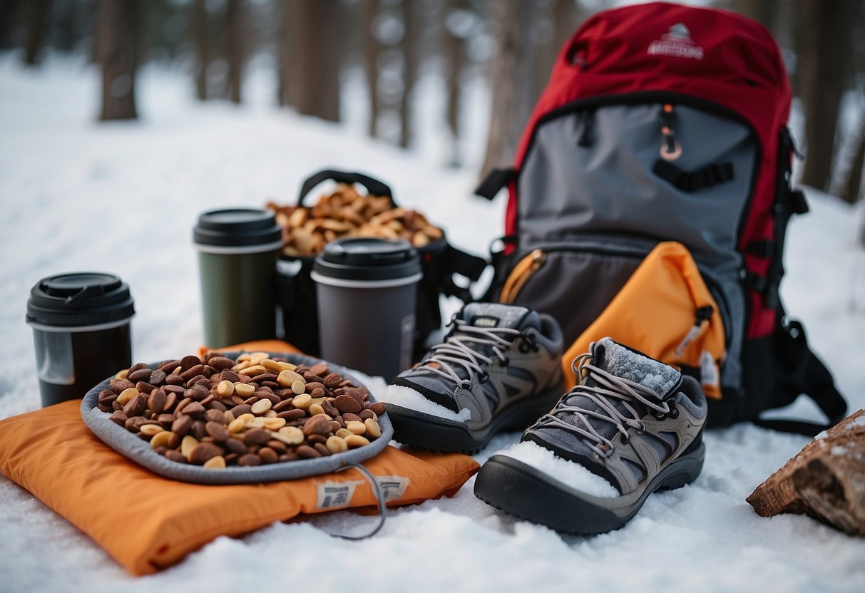 Snowshoes on snowy ground, backpack open with dry ice packs inside, surrounded by trail mix, jerky, and wrapped sandwiches