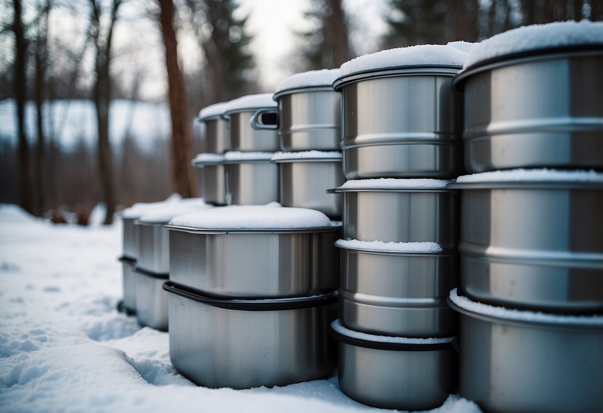 Stainless steel containers arranged on snowy ground, surrounded by snowshoes and winter gear