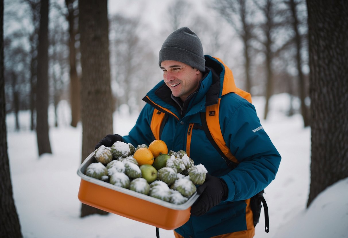 Snowshoer places food in insulated containers, wraps in layers, buries in snow, or hangs in tree. Keeps perishables separate from cold packs