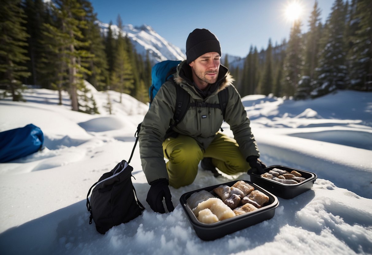 A snowshoer selects durable, waterproof packaging for food. Items are neatly organized and secured in a backpack, ready for outdoor adventure