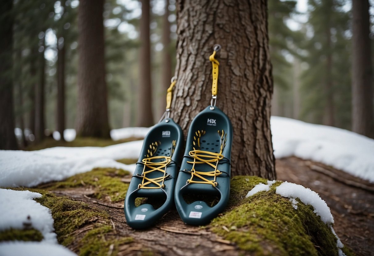 Snowshoes leaning against a tree trunk. Airtight containers hang from a branch. Bear bag hangs from another branch. Snow-covered ground. Animal tracks nearby