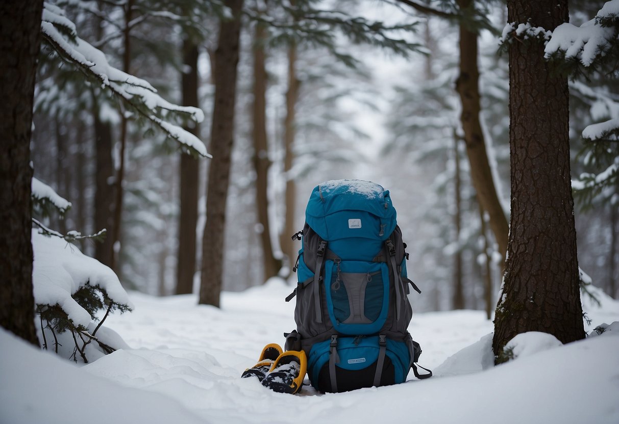 Snowshoes and backpack with insulated food containers in snowy forest clearing. Hanging food from tree branches. Sealed plastic bags buried in snow. Portable cooler nestled in snowbank. Reflective emergency blanket covering food stash