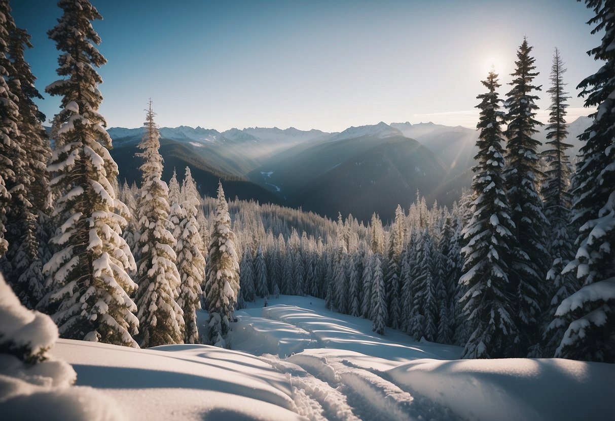 Snow-covered mountains and forests, with winding trails and snowshoe tracks leading through the pristine wilderness of Canada