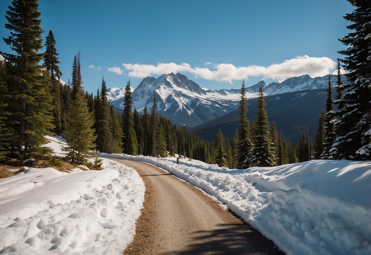 Snow-covered trail winds around Emerald Lake. Evergreen trees line the path. Snow-capped mountains rise in the distance. Crisp blue sky overhead