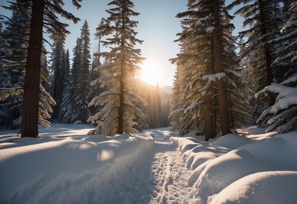 A snow-covered trail winds through a serene Canadian forest, with tall evergreen trees and snow-capped mountains in the distance. The sun casts a soft glow on the pristine white landscape, creating a peaceful and picturesque scene for snowshoeing