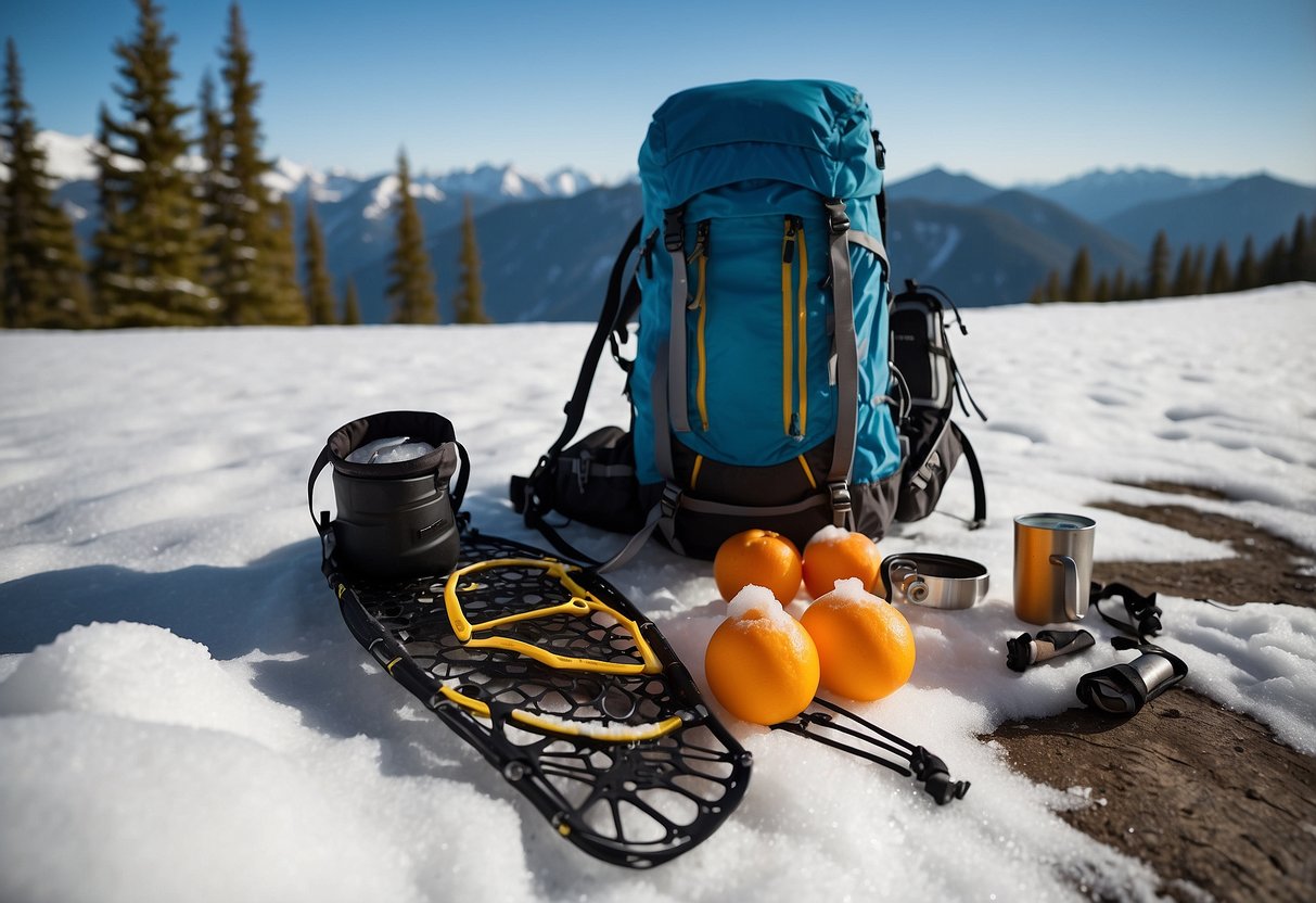 Snowshoes on fresh snow, a backpack with water bottle, snacks, and a map, a pair of trekking poles, a small trash bag, and a pack of wet wipes