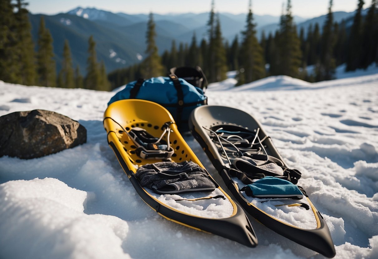 Snowshoes and extra clothing lay neatly packed on a snowy trail. Clean, white snow covers the ground, with trees and mountains in the background