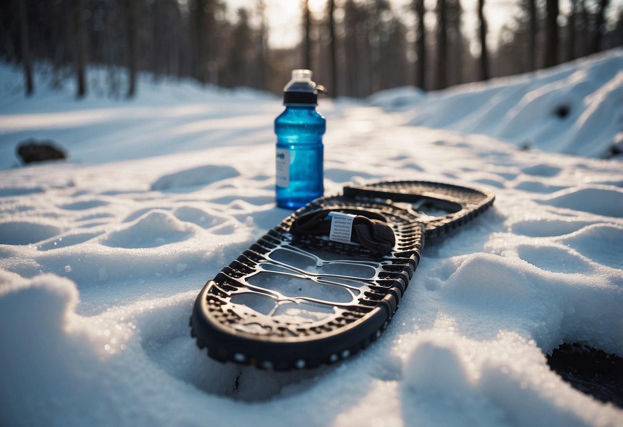 Snowshoes on snowy trail with wet wipes, water bottle, and eco-friendly packaging. Footprints in the snow lead to a serene winter landscape