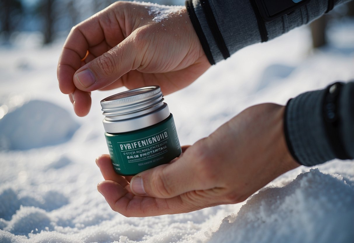 A hand applies anti-chafing balm to a snowshoe, surrounded by clean, snowy terrain