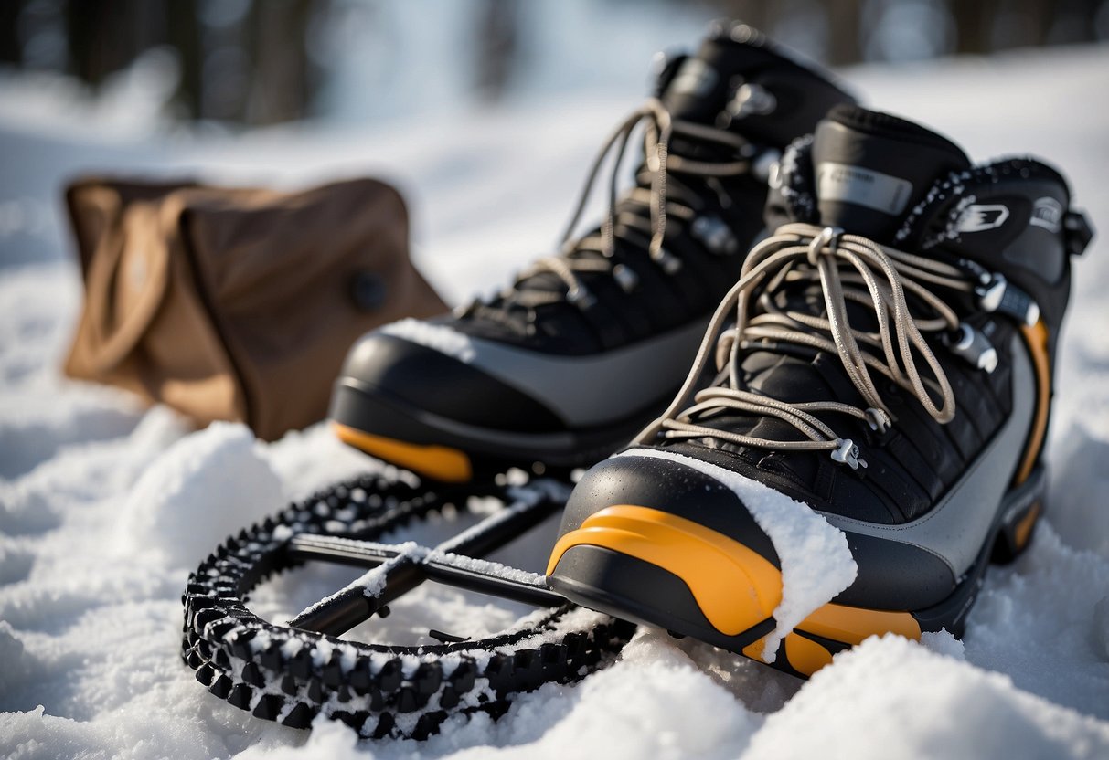 A small brush is packed alongside snowshoes and gear. Clean boots are essential for a successful snowshoeing trip