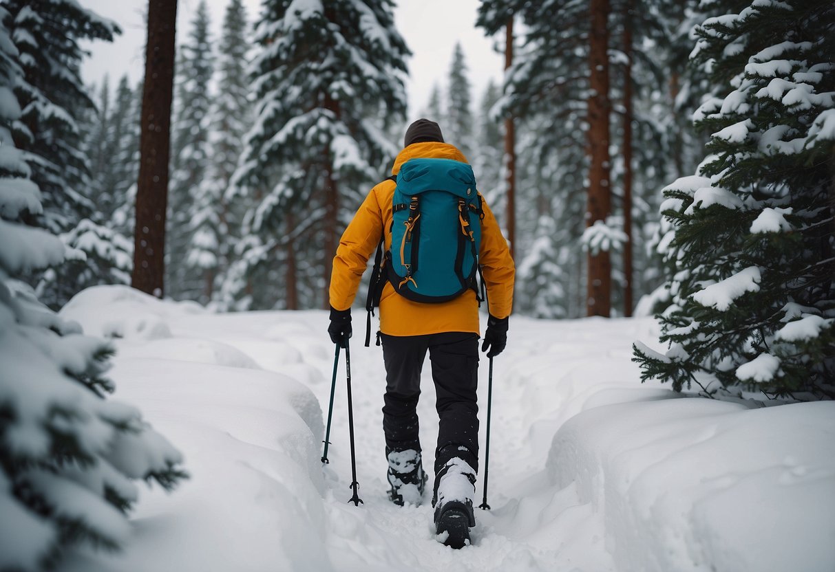 A person wearing snowshoes and carrying a waterproof backpack walks through a snowy forest, surrounded by pine trees and fresh snow