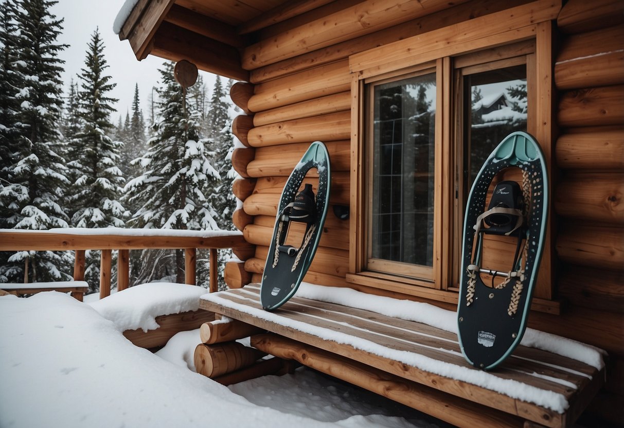 Snowshoes lined up neatly outside a cozy winter cabin. Soap, towels, and a small mirror sit on a wooden shelf, ready for use. Snow-covered trees surround the peaceful scene