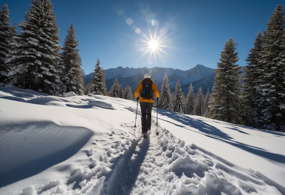 A snowy mountain trail with a clear blue sky. Sunlight filters through the trees, casting dappled shadows. A hiker wears a lightweight sun hat, snowshoes strapped to their boots