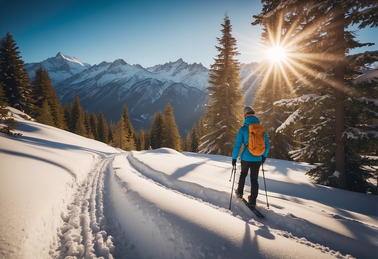 A snowy mountain trail with a lone figure wearing a Sunday Afternoons Ultra Adventure Hat, surrounded by trees and snow-covered peaks, with the sun shining brightly overhead