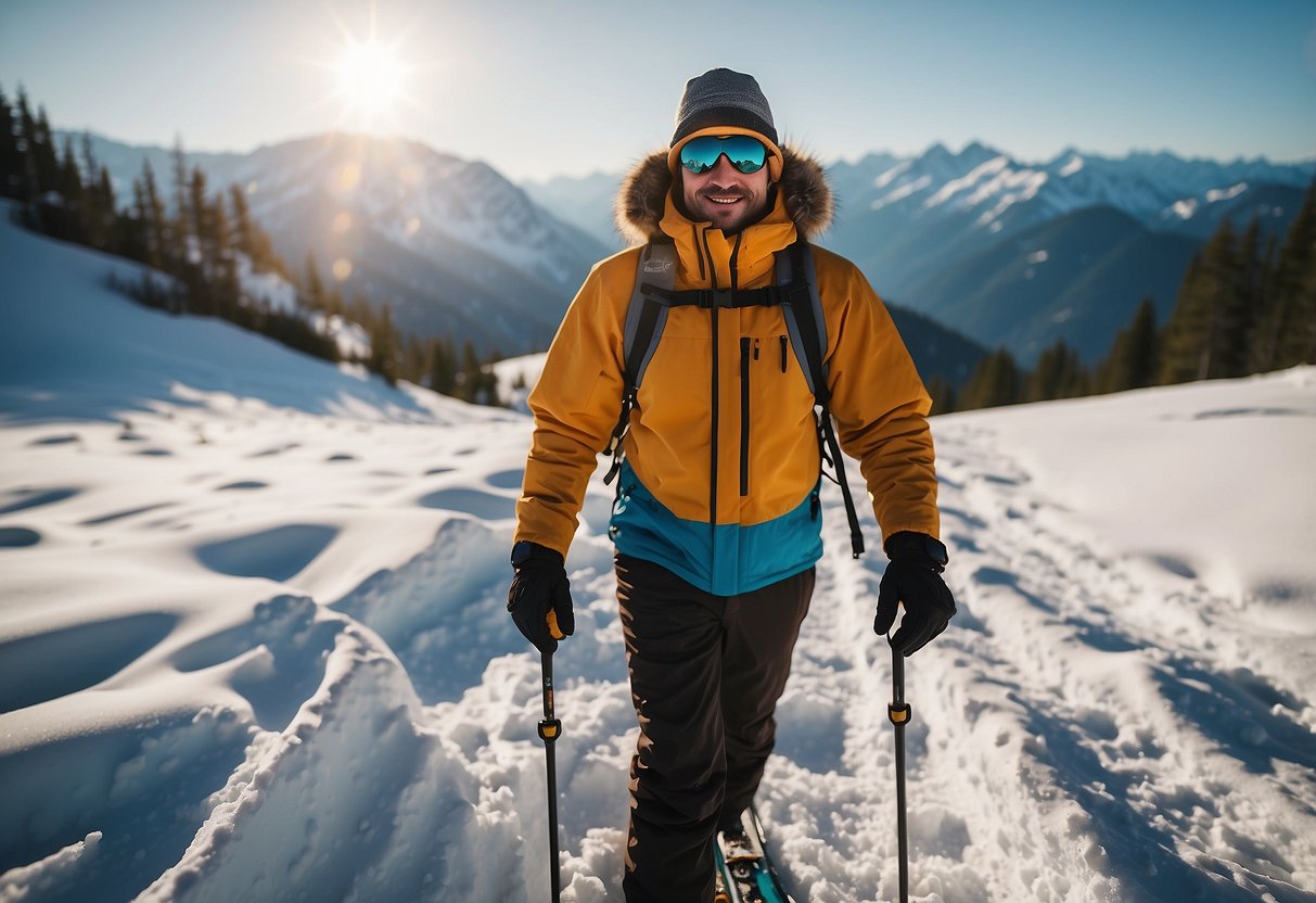 A snowy mountain landscape with a figure wearing a Solbari Hard Shell Hat, surrounded by sunlight and snowshoes