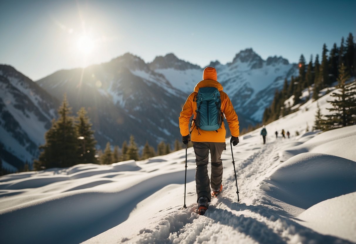 A snowy mountain landscape with a figure wearing a Patagonia Duckbill Cap, surrounded by sunshine and snowshoeing gear