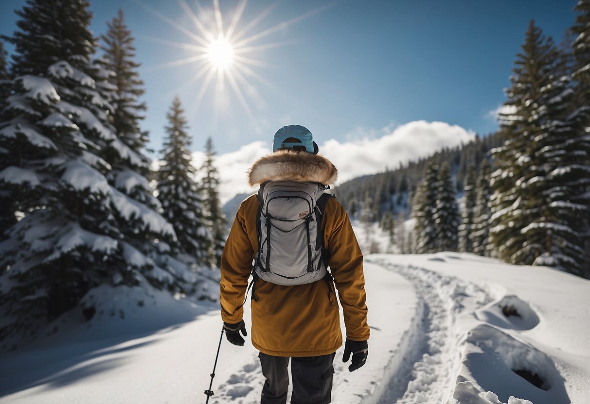 A snowshoer wearing a lightweight hat with a wide brim, shielding their face from the sun's rays while trekking through the snowy landscape