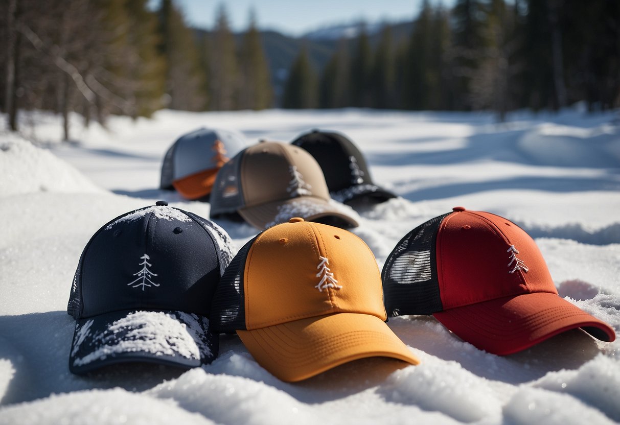 Snowshoeing hats on a snowy trail, sun shining. 5 lightweight hats displayed with UV protection