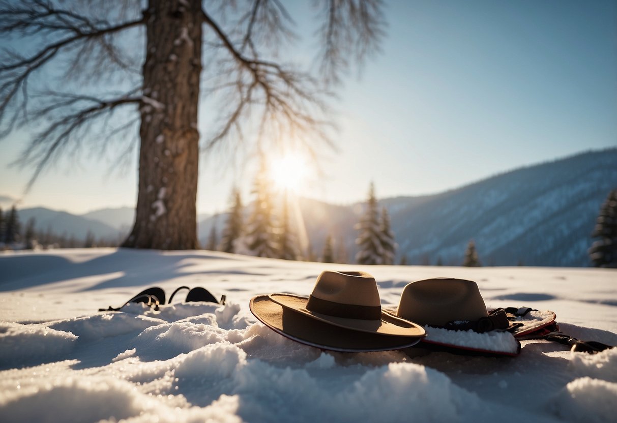 A snowy landscape with a person's hat hanging on a tree branch, surrounded by lightweight snowshoes and a bright sun in the background