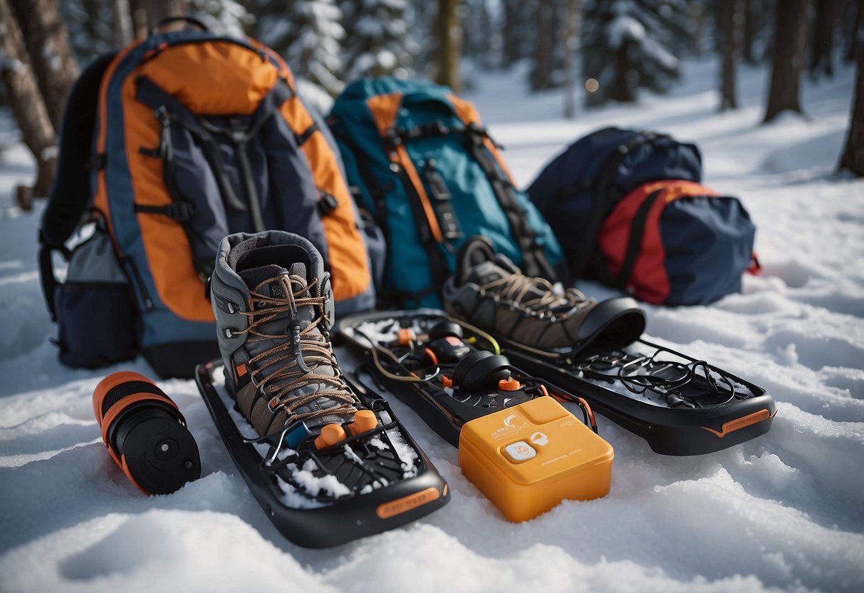 Snowshoes in snow, backpack with emergency supplies, map, compass, whistle, flashlight, first aid kit, emergency blanket, multi-tool, communication device, and extra food and water